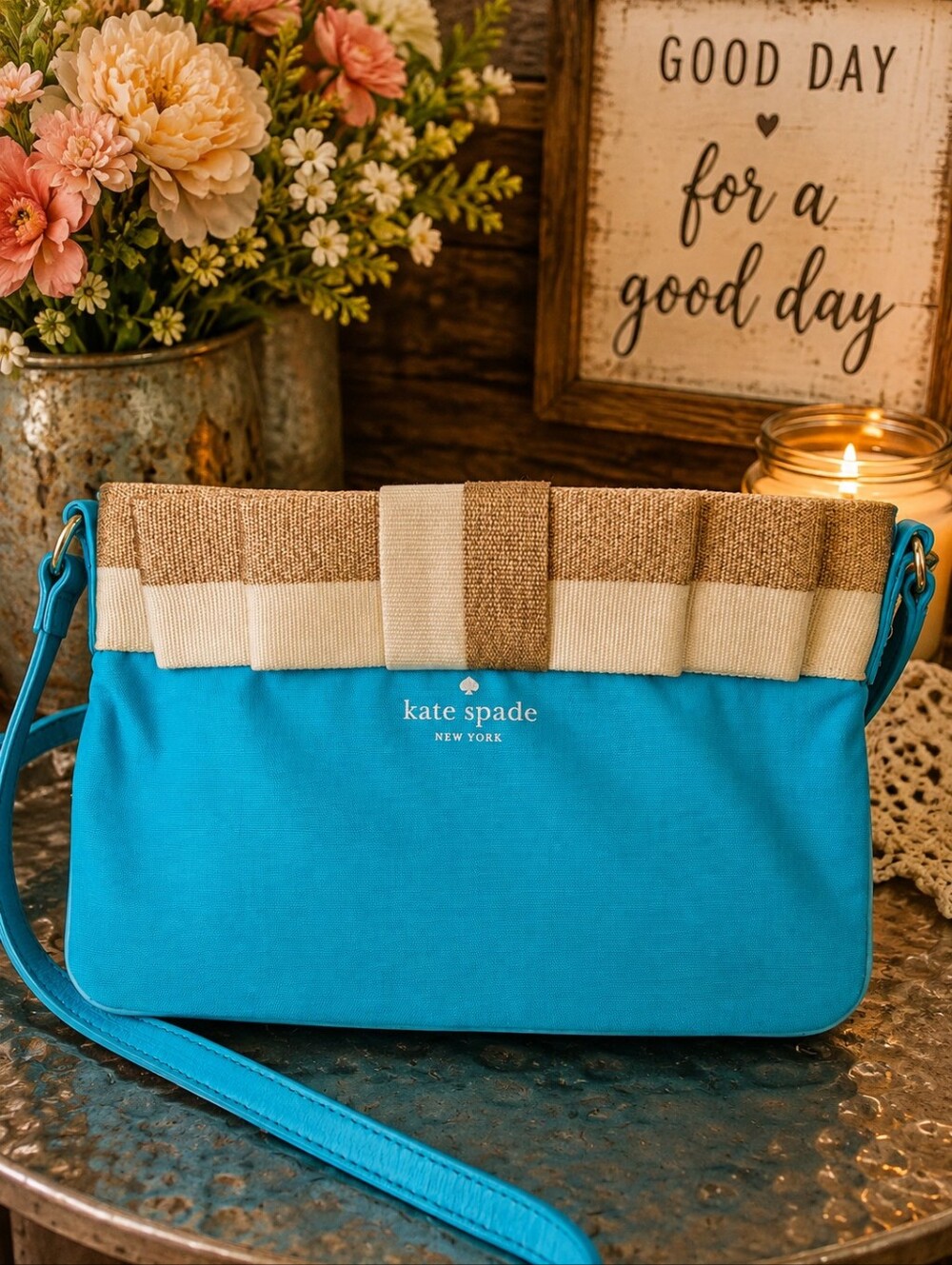Kate Spade Turquoise Canvas Crossbody Bag Metallic Stripe